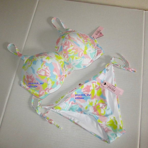 38D/L Victoria Secret Swim Push Up Top Bikini Set Side Tie Cheeky Camo Floral - Picture 2 of 9